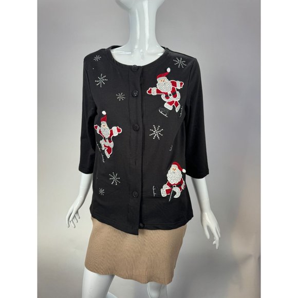 Onque Casual Vintage Skating Santa Cardigan Small Black Cotton Missing Button - Picture 8 of 16